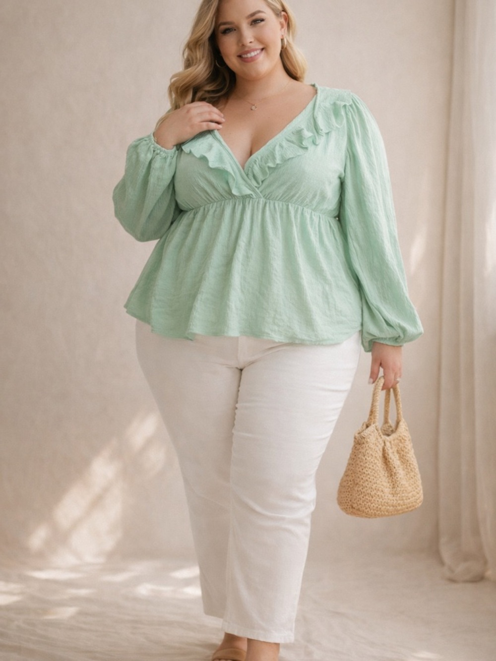 Mint Green Babydoll Blouse Plus Size 24 Flowy V Neck Spring Top